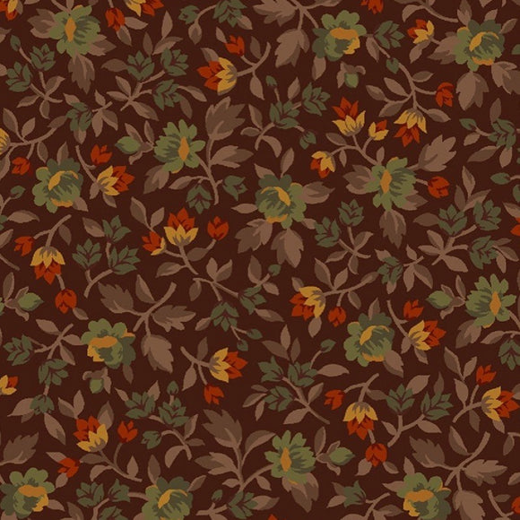 Dark Brown #2: Green/Rust Blossoms - Cotton Calico